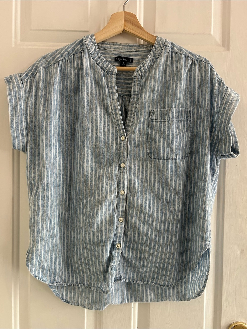 J. Crew Mercantile Blue and White Striped Button Front Classic Camp Top